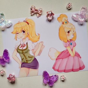 A5 print // Princess Peach and Isabelle (Melinda) Outfit swap (Illustration, art, poster, Animal cr, Mario)
