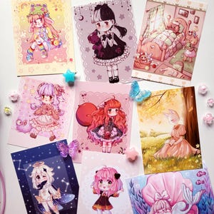 A6 Druck in Postkartengröße // Verschiedene kawaii Designs (Spy X Family Anya, Paimon Genshin Pad, eigene Charaktere, Katzen)