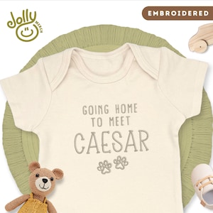 Embroidered Going Home to Meet My Pet ONESIES® Brand Bodysuit, New Best Friend Baby Bodysuit, Personalized Dog Name ONESIE® Bodysuit