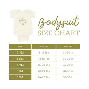 Pu&ograve; includere: Body per neonati color crema con la scritta "Jolly" e un logo con una faccina sorridente. L'immagine include una tabella delle taglie per body, che indica taglia, peso in kg e altezza in cm per varie fasce d'et&agrave; da 0-3 mesi a 18 mesi.
