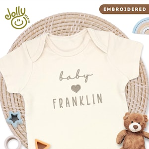 Embroidered Pregnancy Announcement ONESIES® Brand Bodysuit, Personalized with Baby Name or Surname, 100% Cotton Natural Baby Bodysuit