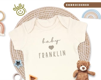 Embroidered Pregnancy Announcement ONESIES® Brand Bodysuit, Personalized with Baby Name or Surname, 100% Cotton Natural Baby Bodysuit