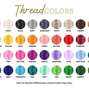 Pu&ograve; includere: Una tabella dei colori che mostra una variet&agrave; di colori del filo. La tabella include tonalit&agrave; come bianco, nero, grigio e beige, insieme a tonalit&agrave; vivaci come rosso, rosa e verde. Il testo in alto recita "Thread COLORS".