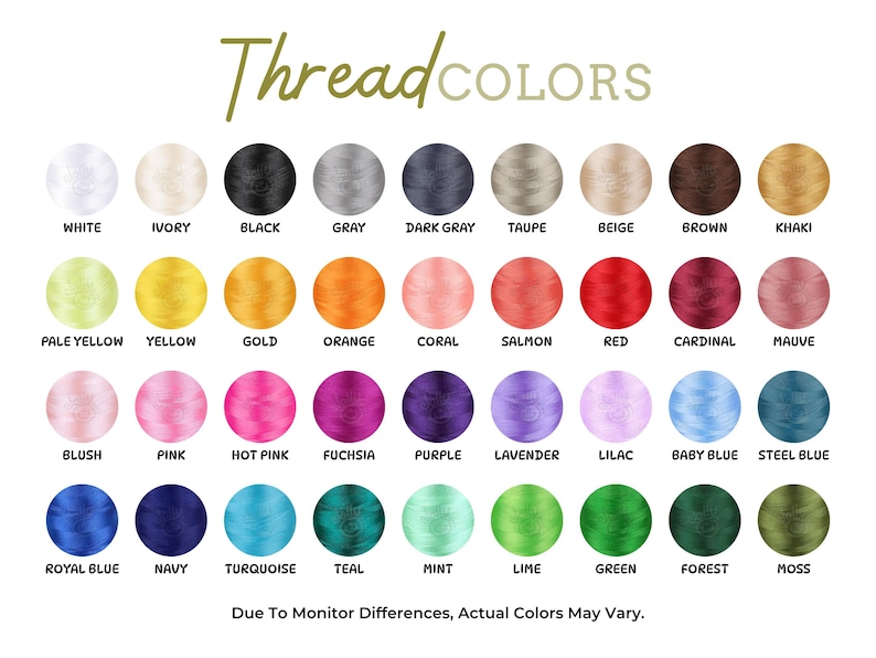 Pu&ograve; includere: Una tabella dei colori che mostra una variet&agrave; di colori del filo. La tabella include tonalit&agrave; come bianco, nero, grigio e beige, insieme a tonalit&agrave; vivaci come rosso, rosa e verde. Il testo in alto recita "Thread COLORS".