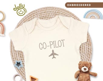Embroidered "Co-Pilot" ONESIES® Brand Bodysuit, Airplane Themed Pregnancy Announcement, 100% Cotton Natural Color Baby Bodysuit