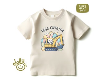 Boys Toddler Easter Shirt, Eggs-Cavator Kids Tee, Whimsical Construction Theme Easter Tee, Funny Easter Graphic T-Shirt for Toddlers, AC-14