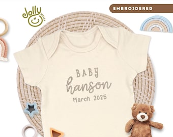 Embroidered Baby Name ONESIES® Brand Bodysuit, Personalized Baby Announcement Bodysuit, Baby Reveal Outfit, Custom ONESIE® Bodysuit