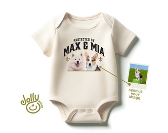 Protected by Pet ONESIES® Brand Bodysuit, Custom Dogs and Cats Baby Bodysuit, Personalized Baby Shower Gift, Unique Baby Gift