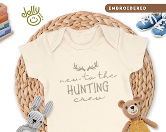 Embroidered New to the Hunting Crew ONESIES® Brand Bodysuit, Baby Announcement Bodysuit, Dad's New Buddy, Hunting Baby ONESIE® Bodysuit