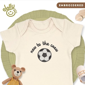 Embroidered &quot;New to the Crew&quot; ONESIES® Brand Bodysuit, Soccer Baby Bodysuit, Natural 100% Cotton, Sports Baby Clothes, Baby Shower Gift