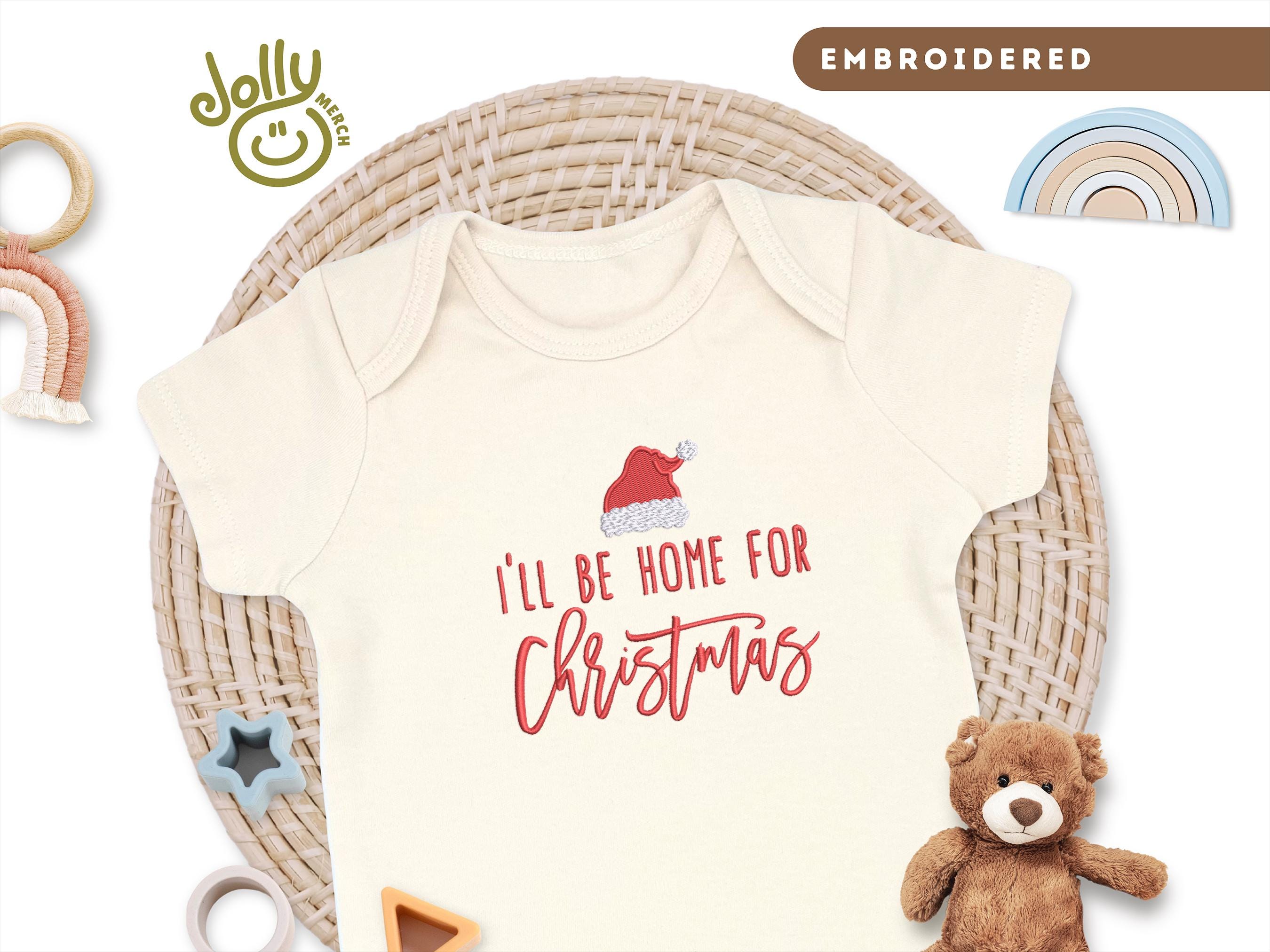 Embroidered "I'll Be Home for Christmas" ONESIES Brand Bodysuit, Pregnancy Announcement, Holiday ONESIE Bodysuit, Natural 100% Cotton