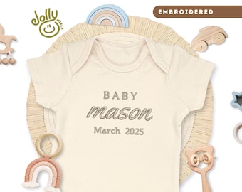 Embroidered Baby Name ONESIES® Brand Bodysuit, Personalized Baby Announcement Bodysuit, Baby Reveal Outfit, Custom ONESIE® Bodysuit
