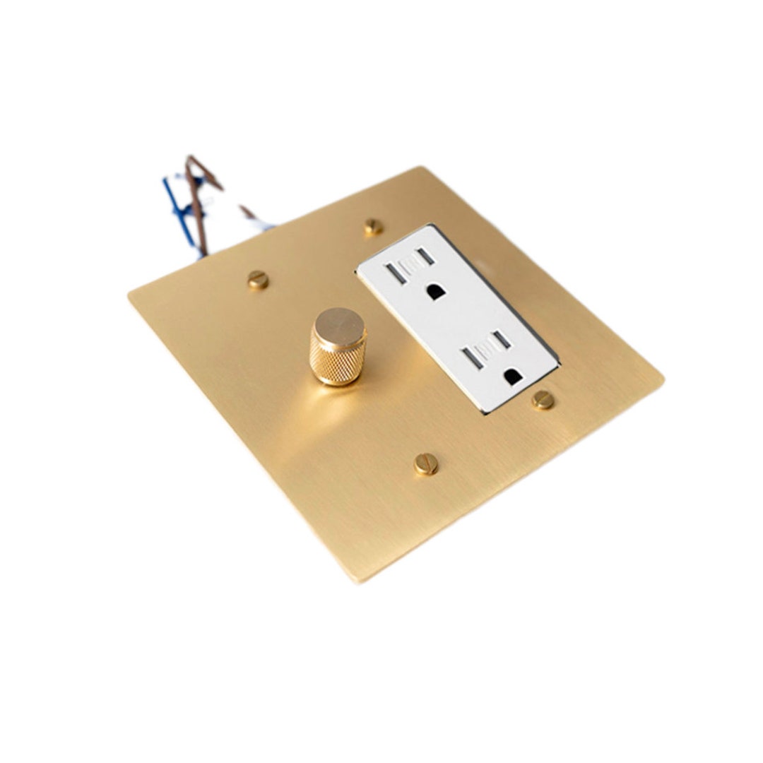 Satin Brass Combination Knurled Dimmer Light Switch and White Duplex