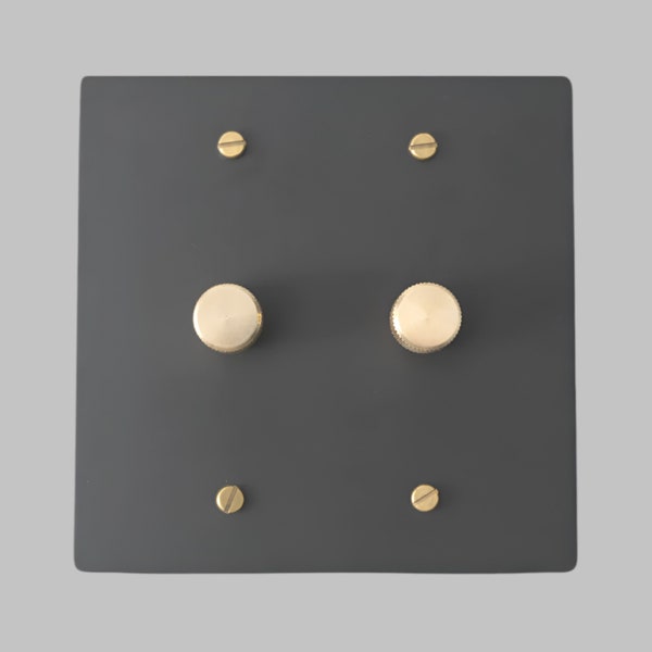 Matte Black With Brass Modern Knurled Textured Dimmer Light Switch Wall Plate (2-Gang)