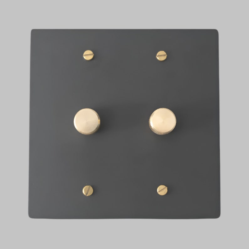 Matte Black With Brass Modern Knurled Textured Dimmer Light Switch Wall Plate 2-Gang image 1