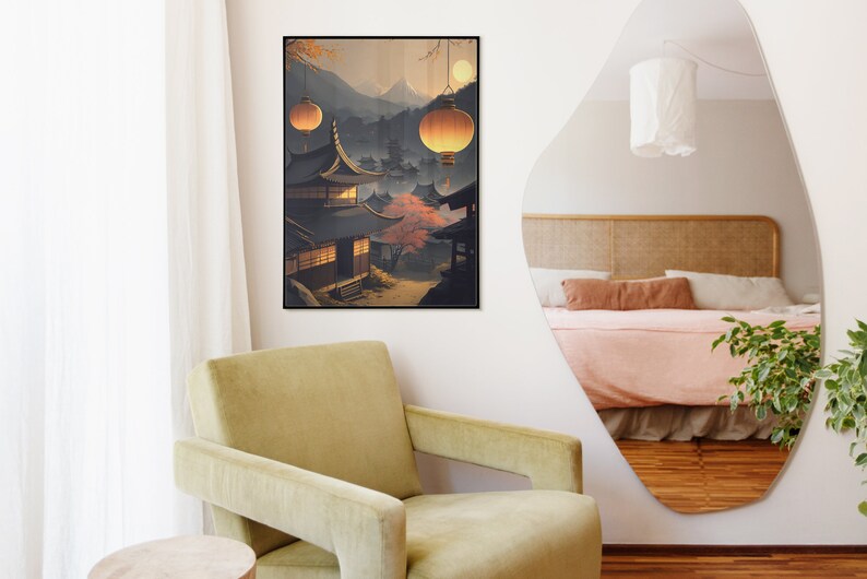Japanese Village Wall Art With Asian Buildings and Chinese Lanterns Japan Mural Printable Art