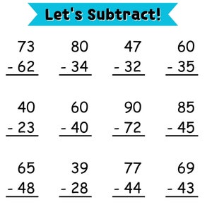 May include: A black and white printable worksheet with the title "Let's Subtract!" and a series of subtraction problems for children to solve.