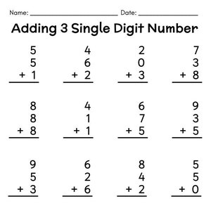 Puede incluir: Una hoja de trabajo en blanco y negro con el título "Sumar 3 números de un solo dígito". La hoja de trabajo contiene 12 problemas de suma con números de un solo dígito.