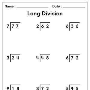 Puede incluir: Una hoja de trabajo con el título "Long Division" y nueve problemas de división larga. Los problemas están dispuestos en tres filas de tres problemas cada una.