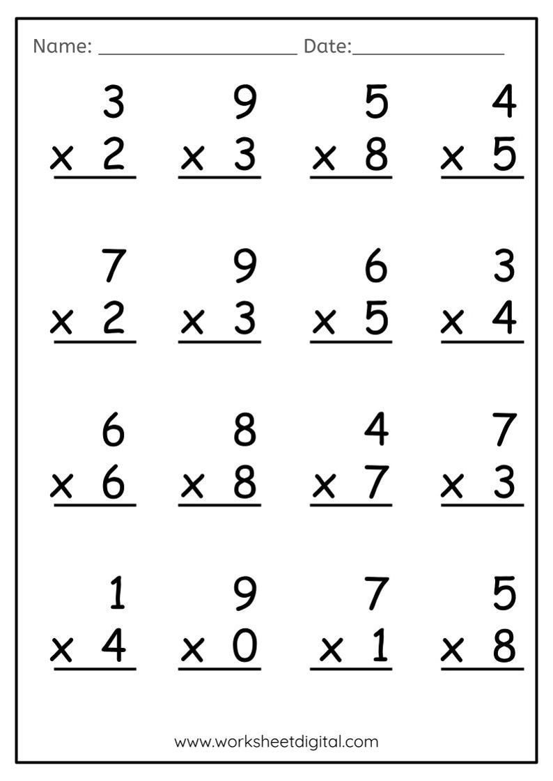 Printable Multiplication Worksheets Big Size, Fill in the Blanks Single ...