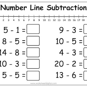 Number Line Subtraction, Subtraction Sums for First Grade, Math Worksheets Printable, Kindergarten Subtraction Minus Facts to 20