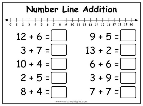 数直線の足し算のワークシート：幼稚園児と小学1年生向け（PDF