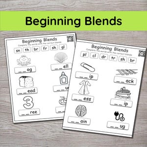 May include: Black and white worksheet with images and words for kids to practice beginning blends. The words include 'frog', 'shell', 'bread', 'glue', 'clip', 'tracks', 'dress', 'ship', 'brain', and 'plug'.
