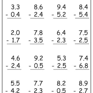 Two Digit Decimal Subtraction Sums, Printable Large Font, Grade 1 & 2