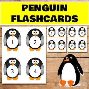 May include: Black and white penguin flashcards with numbers 1 through 4 and 9 through 44. The flashcards are on a wood background.