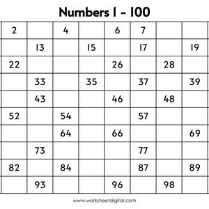 Può includere: Una griglia in bianco e nero con i numeri da 1 a 100, con il titolo "Numeri 1 - 100".