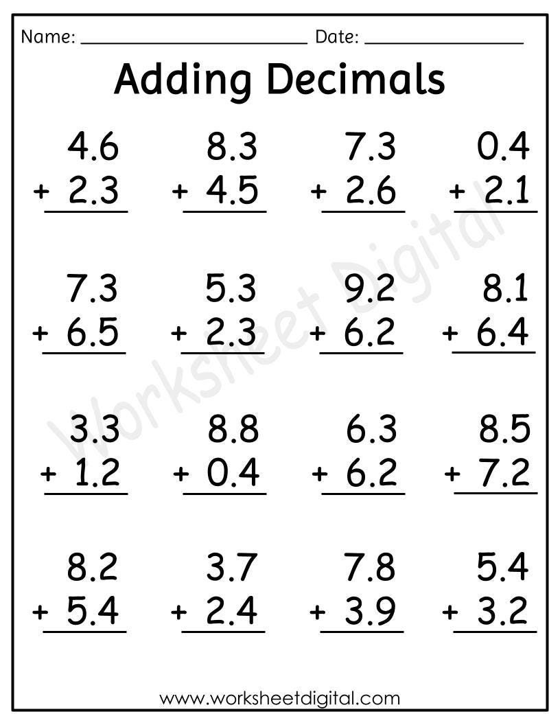 Grade 3 Adding Decimals Worksheet: Big Font Math (PDF)