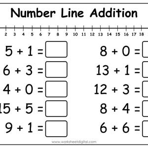 May include: A black and white worksheet with the title "Number Line Addition". The worksheet has a number line from 0 to 20 and several addition problems for students to solve.