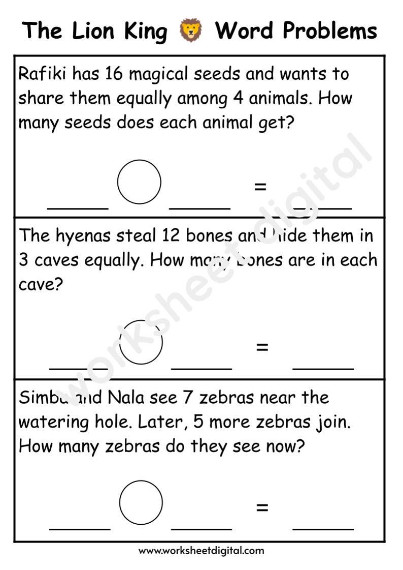 Simba Worksheet Lion King Word Problems: Math Worksheet for 1st-2nd Grade (PDF) - Etsy