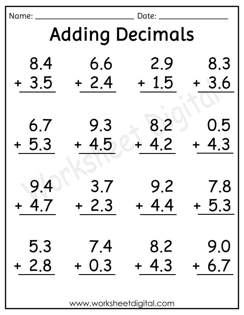 Grade 3 Adding Decimals Worksheet: Big Font Math (PDF) - Etsy