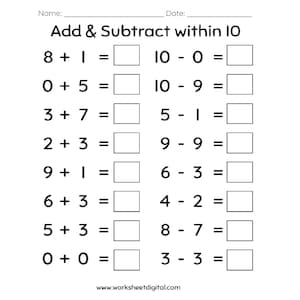 Addition & Subtraction Worksheets: Numbers to 10 (PDF)