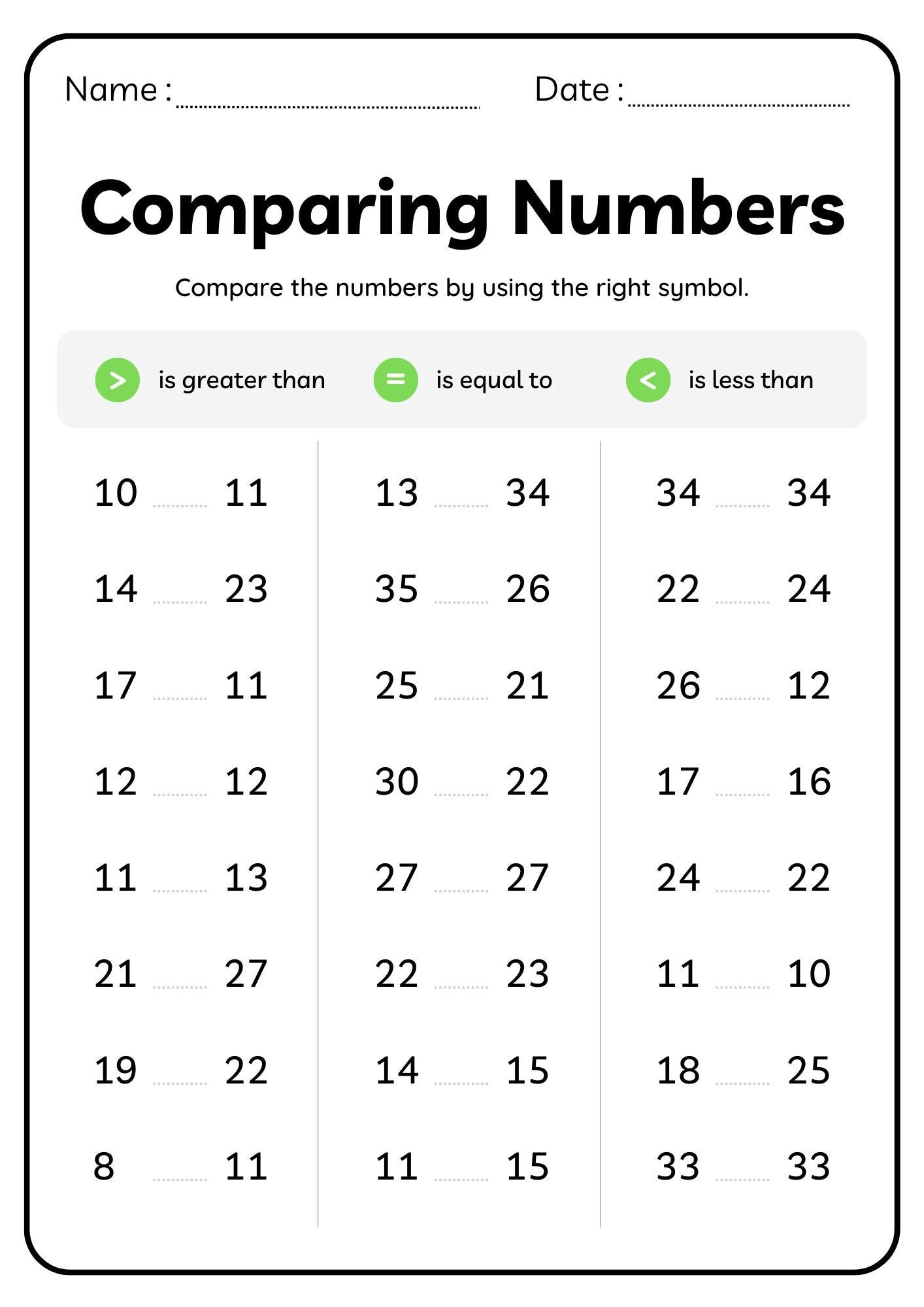 Comparing Numbers Math Worksheets for Grade 1, 2, Homework, Revision ...