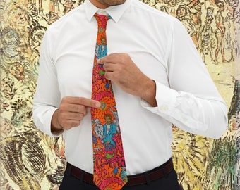 James Ensor Demons Teasing Me reimagined in original art by Fearxx R.Thompson in orange colors on Necktie