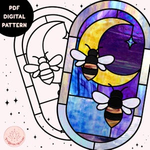 May include: A stained glass style digital pattern featuring a crescent moon with a star, two bees, and a purple, blue, and yellow color scheme.