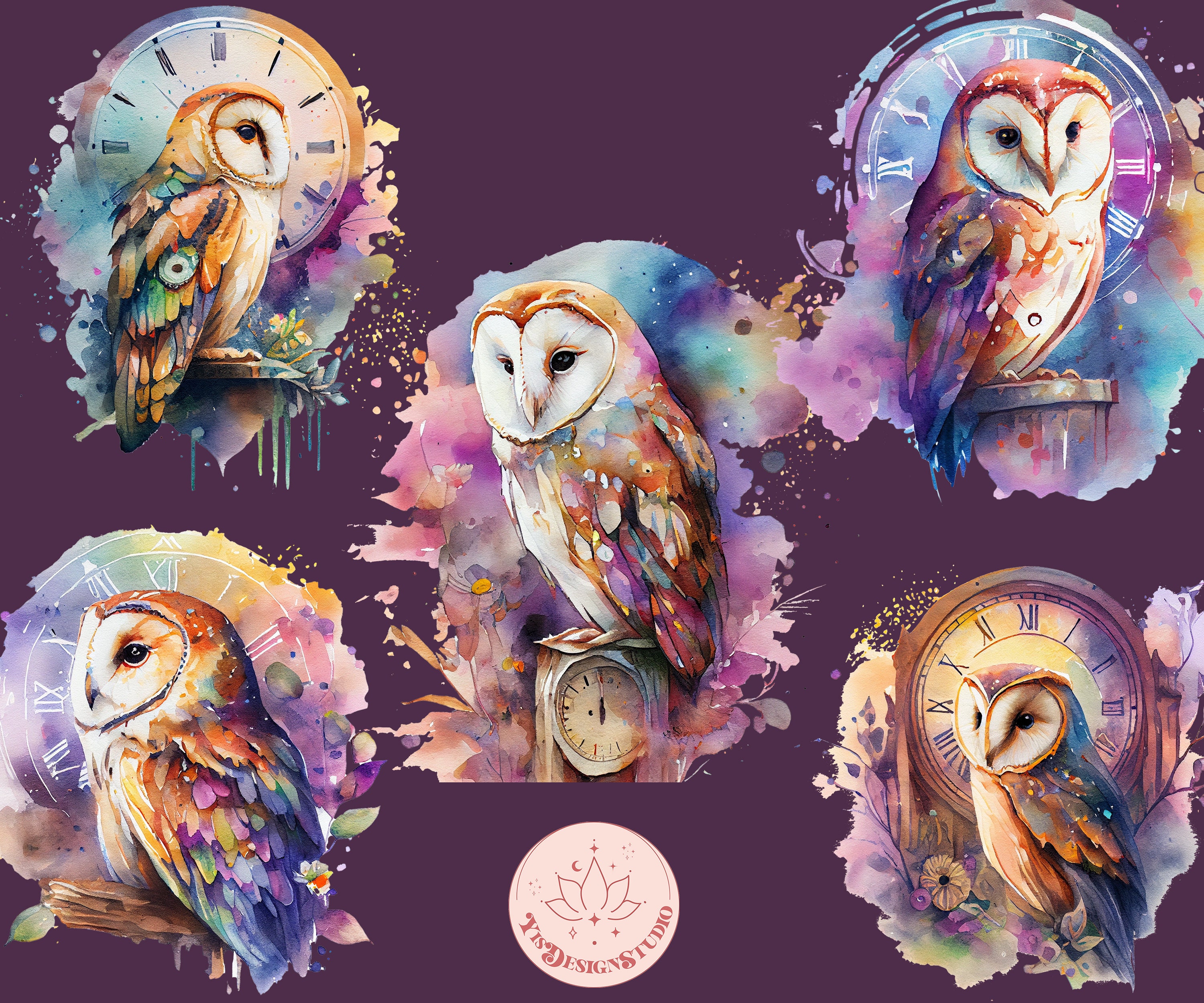 Celestial Owl Clock Clipart Owl Watercolor Png Owl - Etsy