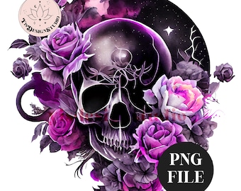 Floral Skull PNG: Watercolor Gothic Clipart (Digital Download)