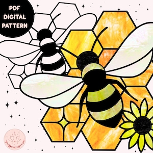 Abeille et nid d&#39;abeille Vitrail Art Suncatcher motif numérique SVG PNG PDF