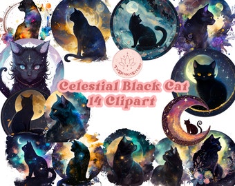 Celestial Black Cat PNG, Mystical Witchy Clipart, Pagan png, Mystic Moon, Spiritual, Tarot, Tumbler, Sublimation, Cute Cat Png