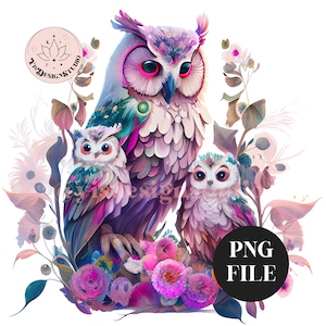 Mama uil met baby's png, aquarel illustraties, glijbaan, clipart, sublimatie, beker, babyshower, roze, feestjes, uitnodigingen