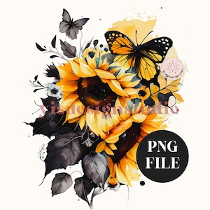 Girasol en acuarela PNG, clipart de flores, sublimación de vaso, taza, camiseta, clipart de mariposa, ramo, scrapbooking, clipart de estilo cottagecore