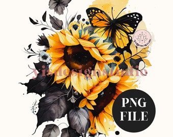 Watercolor Sunflower & Butterfly Clipart: Cottagecore PNG (Digital Download)