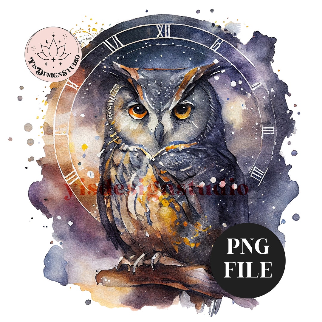 Owl Watercolor Png, Owl Clock Clipart, Owl Waterslide, Owl Sublimation