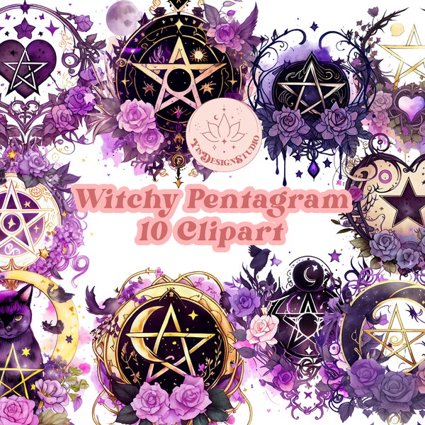 Watercolor Witchy Pentagram Clipart, Wiccan Spell Sigils PNG, Magic, Mystical Floral Clipart, Witchcraft, Pagan Clipart Bundle, Spiritual