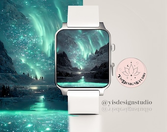 Northern Lights Sky Apple Watch Wallpaper, Watch Face Cover, Accessories, Smart Watch, Watch Face, Winter Snow, Landscape