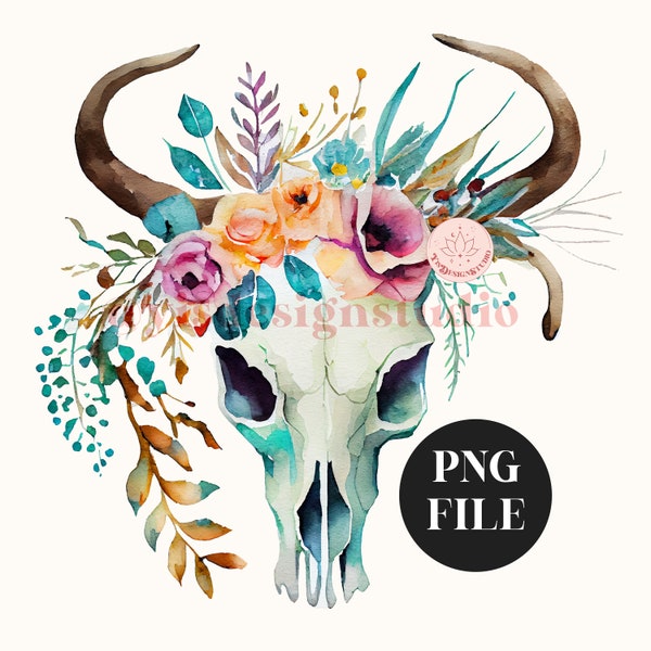 Boho Animal Skull PNG, Floral clipart, Watercolor Waterslide, Western, Sublimation, Tumbler, T-Shirt, Popular, Trending