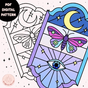 May include: A digital pattern featuring a stained glass style design with a crescent moon, stars, a butterfly, and an eye. The pattern is in shades of blue, purple, pink, and yellow.